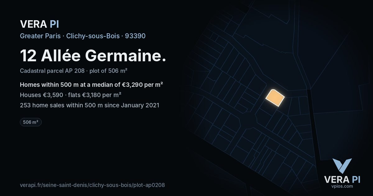 12 Allée Germaine, Clichy-sous-Bois at night – the plot lit, the parcels around coloured by the prices near them