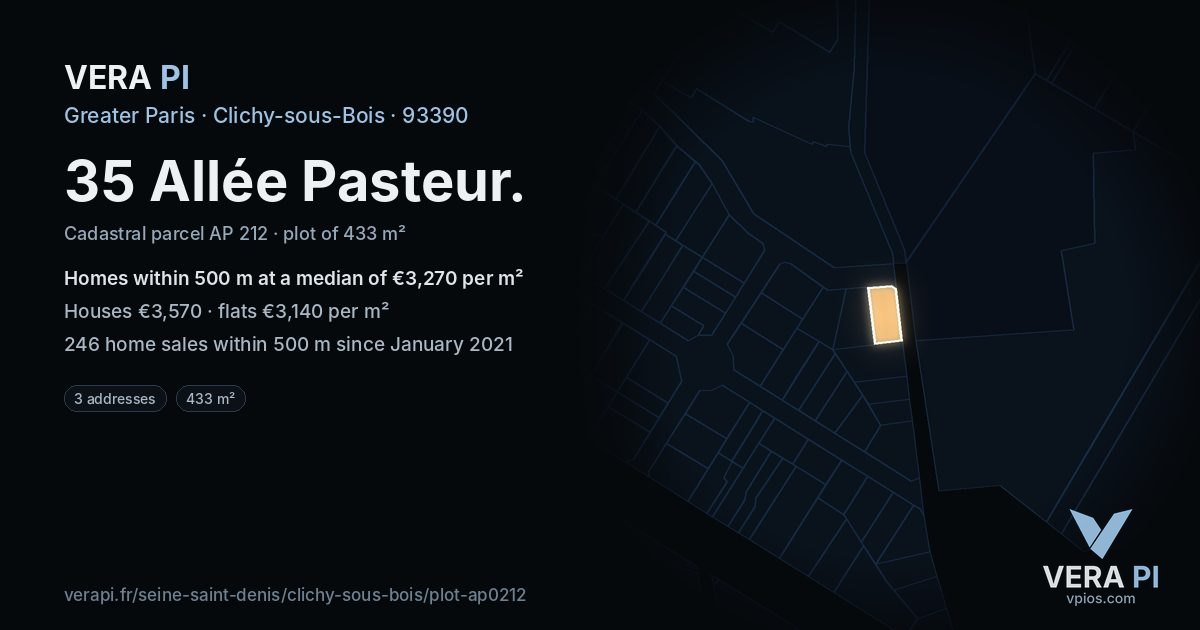 35 Allée Pasteur, Clichy-sous-Bois at night – the plot lit, the parcels around coloured by the prices near them