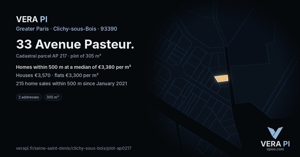 33 Avenue Pasteur, Clichy-sous-Bois at night – the plot lit, the parcels around coloured by the prices near them