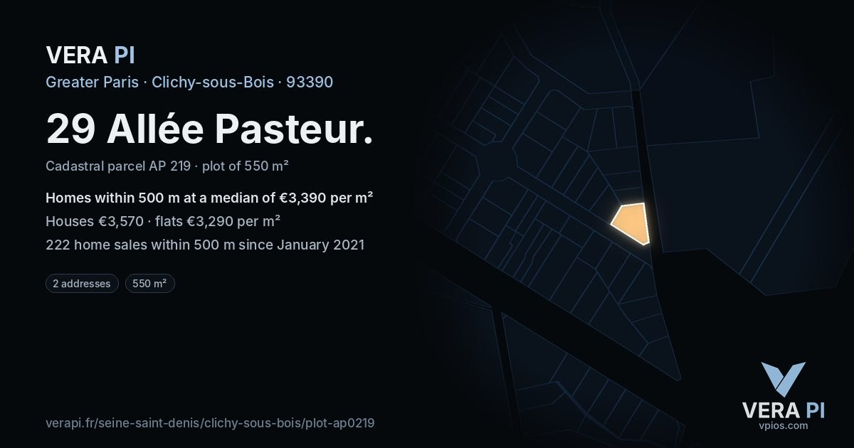 29 Allée Pasteur, Clichy-sous-Bois at night – the plot lit, the parcels around coloured by the prices near them