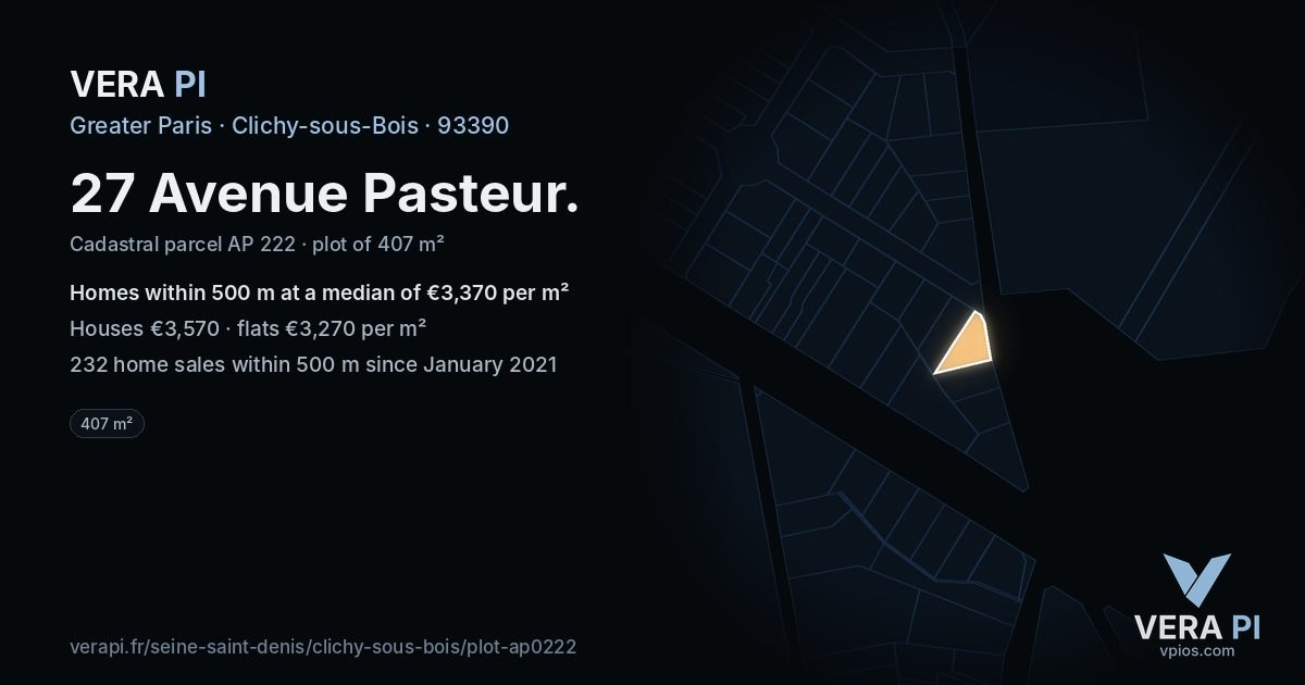 27 Avenue Pasteur, Clichy-sous-Bois at night – the plot lit, the parcels around coloured by the prices near them