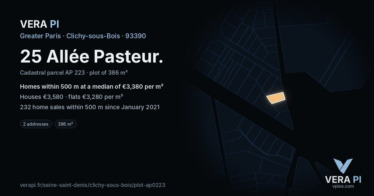 25 Allée Pasteur, Clichy-sous-Bois at night – the plot lit, the parcels around coloured by the prices near them