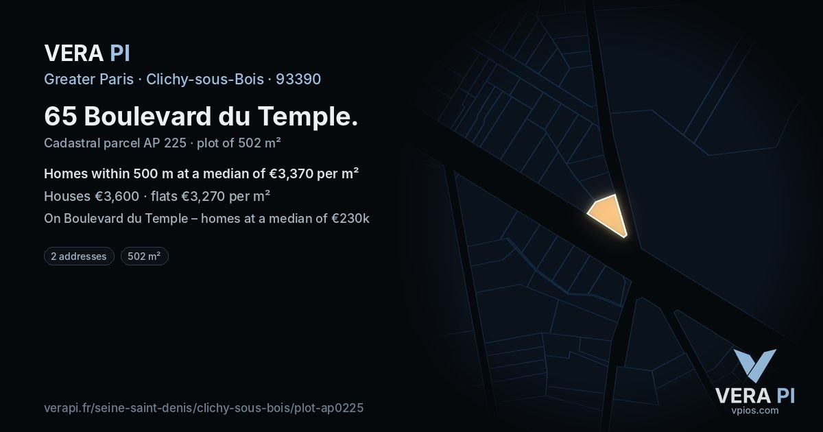 65 Boulevard du Temple, Clichy-sous-Bois at night – the plot lit, the parcels around coloured by the prices near them