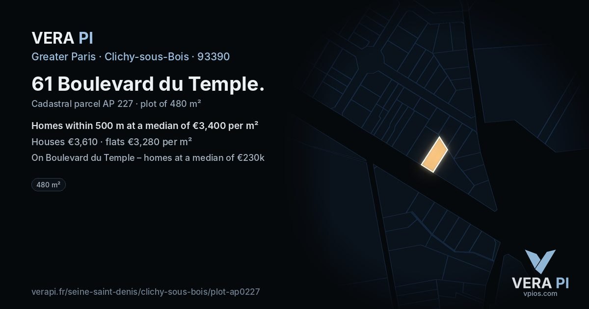 61 Boulevard du Temple, Clichy-sous-Bois at night – the plot lit, the parcels around coloured by the prices near them