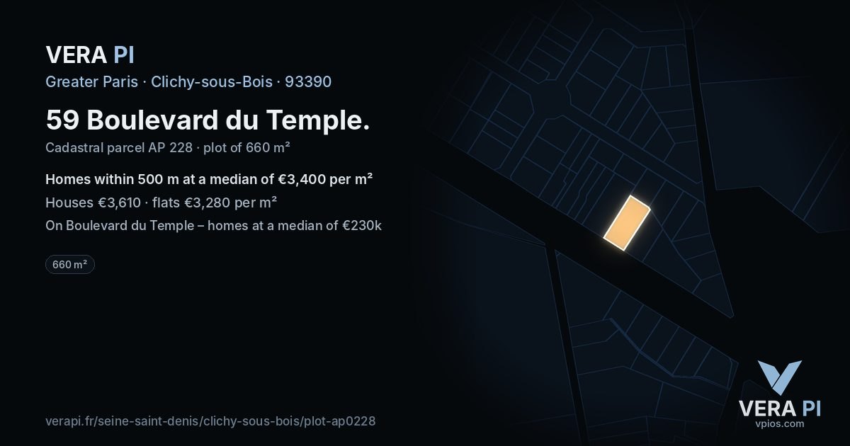 59 Boulevard du Temple, Clichy-sous-Bois at night – the plot lit, the parcels around coloured by the prices near them