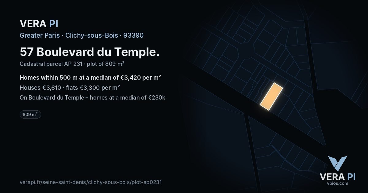 57 Boulevard du Temple, Clichy-sous-Bois at night – the plot lit, the parcels around coloured by the prices near them
