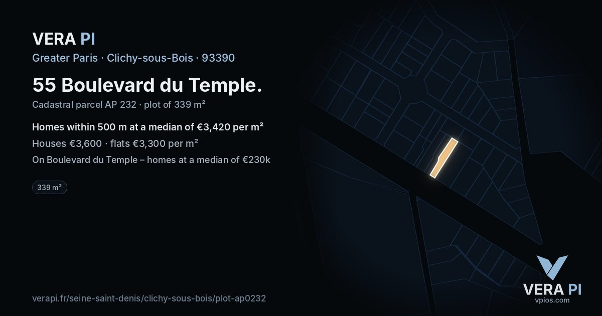 55 Boulevard du Temple, Clichy-sous-Bois at night – the plot lit, the parcels around coloured by the prices near them