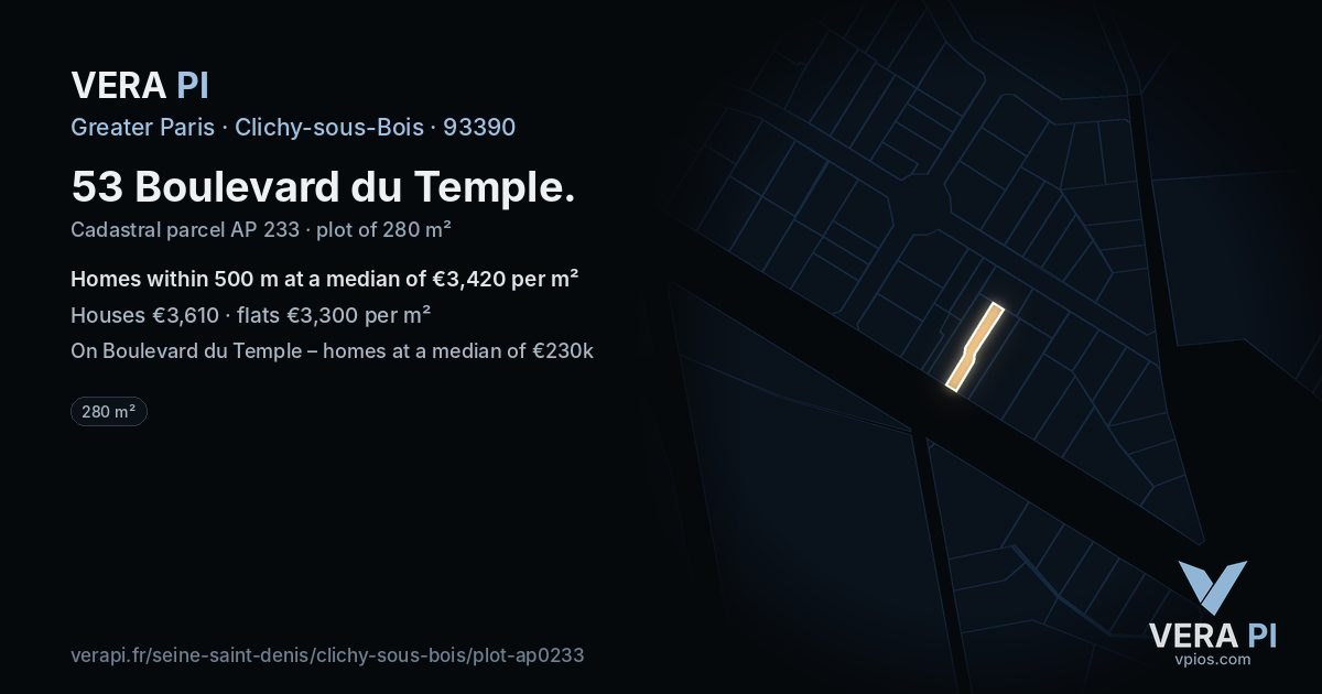 53 Boulevard du Temple, Clichy-sous-Bois at night – the plot lit, the parcels around coloured by the prices near them
