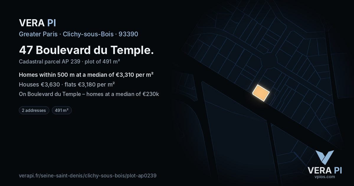 47 Boulevard du Temple, Clichy-sous-Bois at night – the plot lit, the parcels around coloured by the prices near them