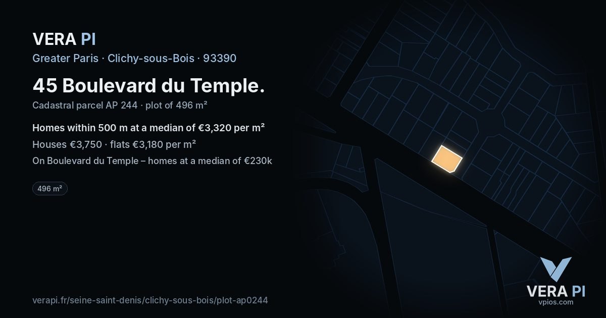 45 Boulevard du Temple, Clichy-sous-Bois at night – the plot lit, the parcels around coloured by the prices near them