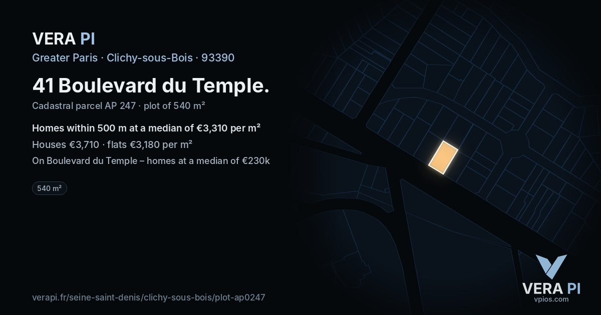 41 Boulevard du Temple, Clichy-sous-Bois at night – the plot lit, the parcels around coloured by the prices near them