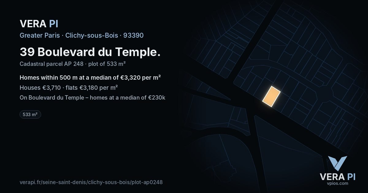 39 Boulevard du Temple, Clichy-sous-Bois at night – the plot lit, the parcels around coloured by the prices near them