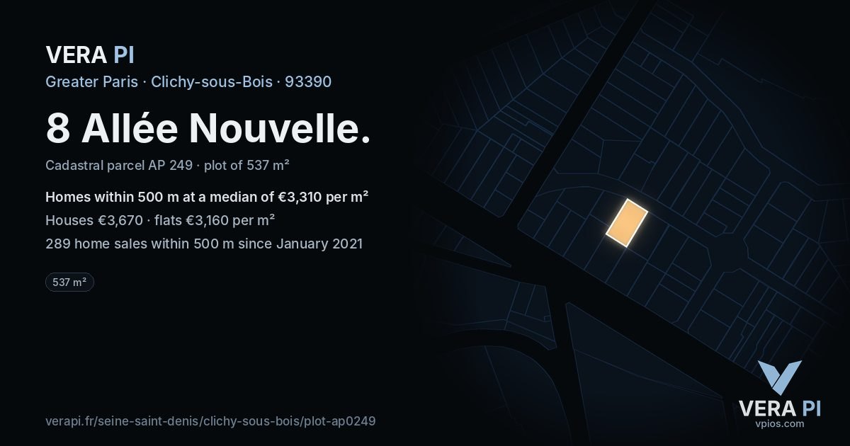 8 Allée Nouvelle, Clichy-sous-Bois at night – the plot lit, the parcels around coloured by the prices near them