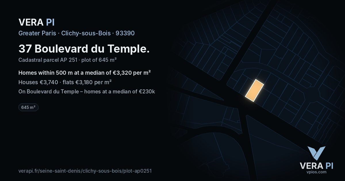 37 Boulevard du Temple, Clichy-sous-Bois at night – the plot lit, the parcels around coloured by the prices near them