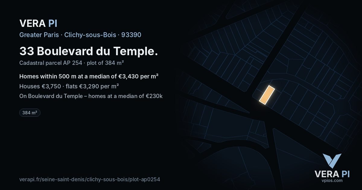 33 Boulevard du Temple, Clichy-sous-Bois at night – the plot lit, the parcels around coloured by the prices near them