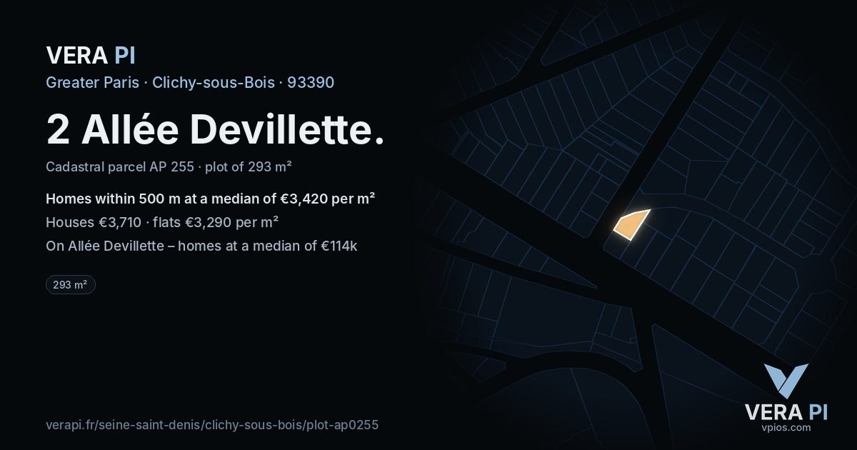 2 Allée Devillette, Clichy-sous-Bois at night – the plot lit, the parcels around coloured by the prices near them