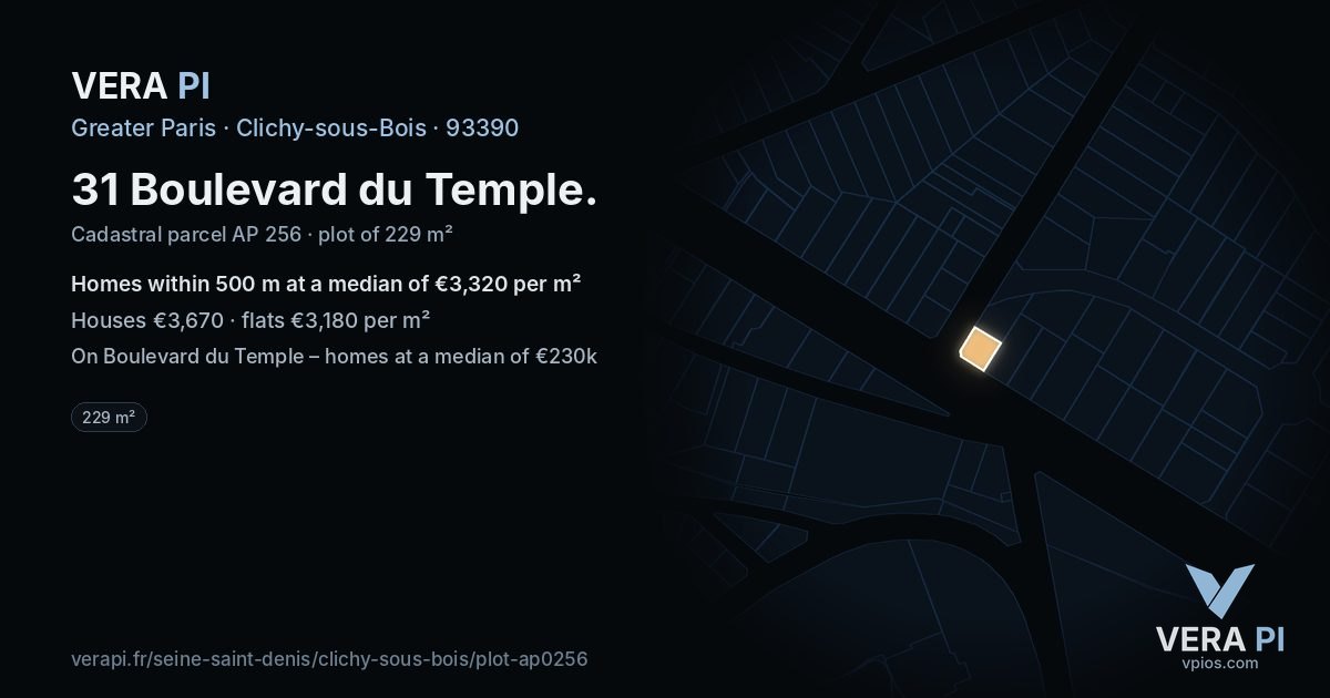 31 Boulevard du Temple, Clichy-sous-Bois at night – the plot lit, the parcels around coloured by the prices near them