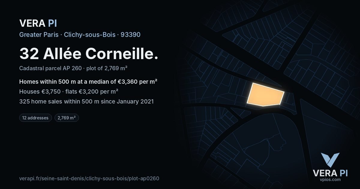 32 Allée Corneille, Clichy-sous-Bois at night – the plot lit, the parcels around coloured by the prices near them