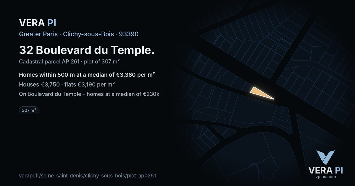 32 Boulevard du Temple, Clichy-sous-Bois at night – the plot lit, the parcels around coloured by the prices near them
