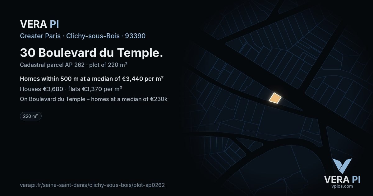 30 Boulevard du Temple, Clichy-sous-Bois at night – the plot lit, the parcels around coloured by the prices near them