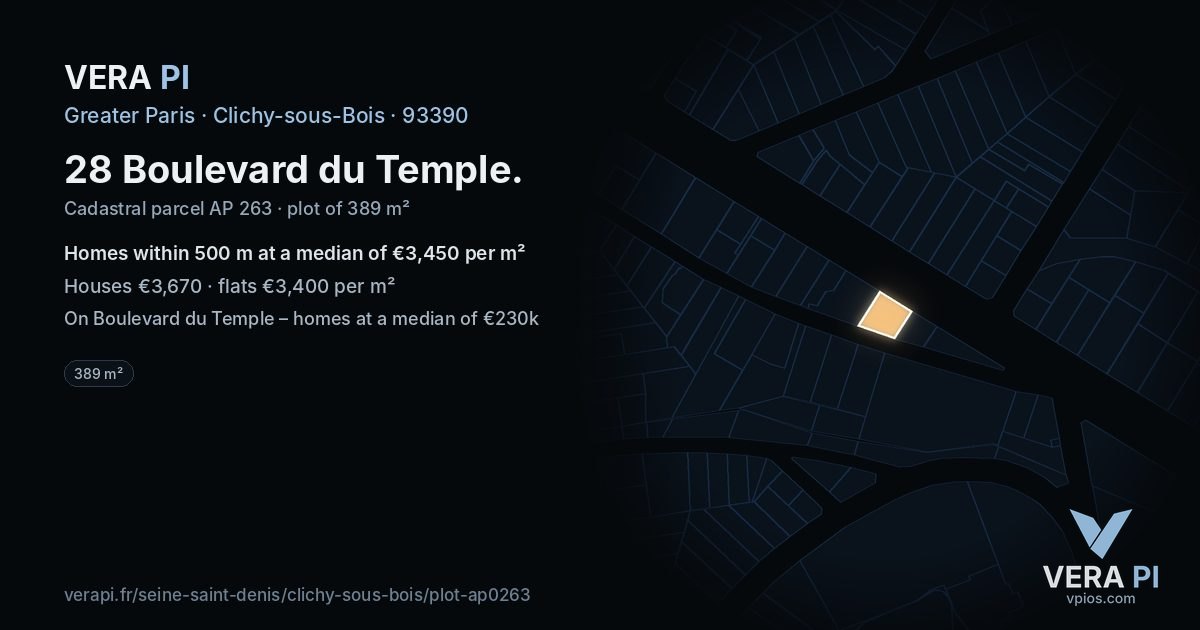 28 Boulevard du Temple, Clichy-sous-Bois at night – the plot lit, the parcels around coloured by the prices near them
