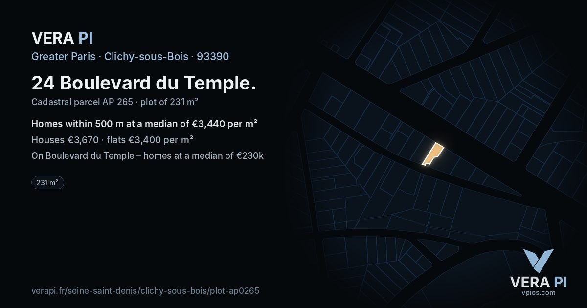 24 Boulevard du Temple, Clichy-sous-Bois at night – the plot lit, the parcels around coloured by the prices near them