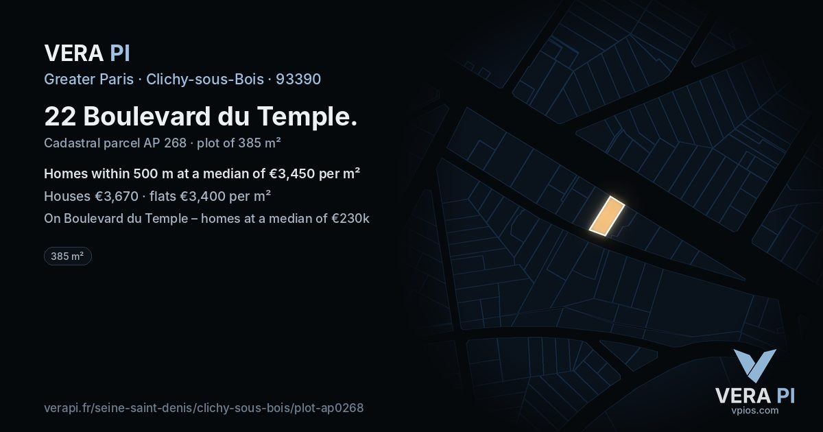 22 Boulevard du Temple, Clichy-sous-Bois at night – the plot lit, the parcels around coloured by the prices near them