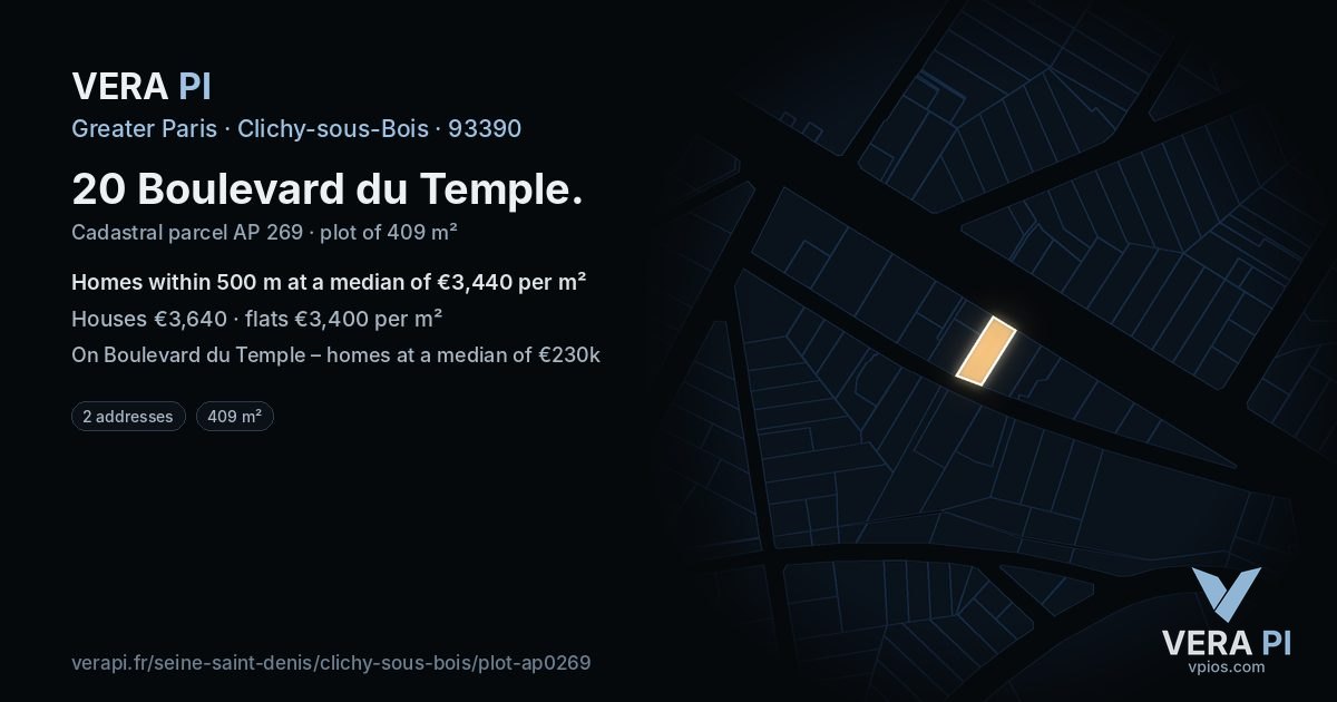 20 Boulevard du Temple, Clichy-sous-Bois at night – the plot lit, the parcels around coloured by the prices near them
