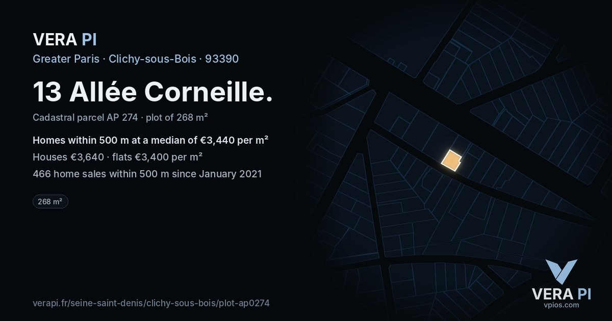 13 Allée Corneille, Clichy-sous-Bois at night – the plot lit, the parcels around coloured by the prices near them
