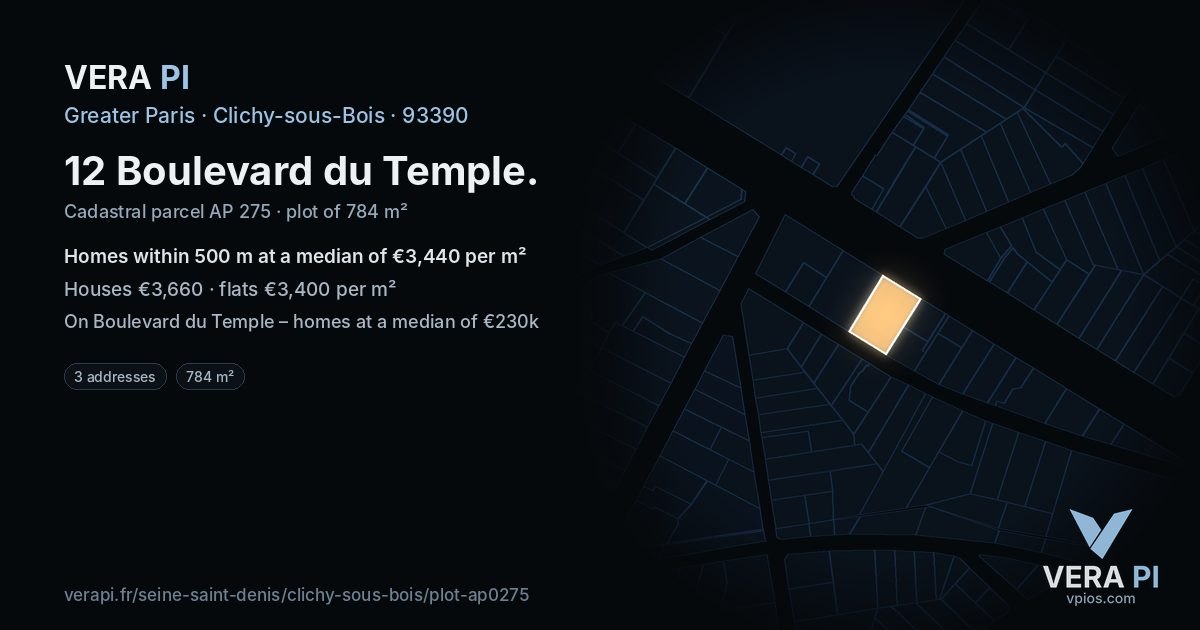 12 Boulevard du Temple, Clichy-sous-Bois at night – the plot lit, the parcels around coloured by the prices near them