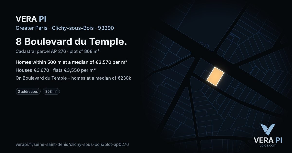 8 Boulevard du Temple, Clichy-sous-Bois at night – the plot lit, the parcels around coloured by the prices near them