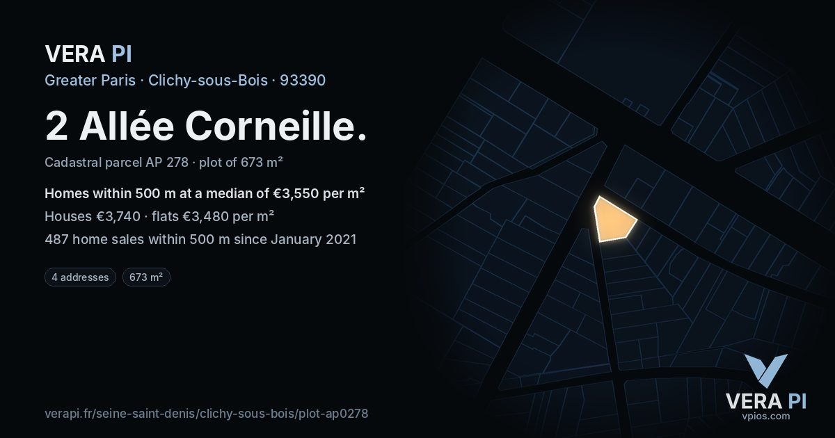 2 Allée Corneille, Clichy-sous-Bois at night – the plot lit, the parcels around coloured by the prices near them