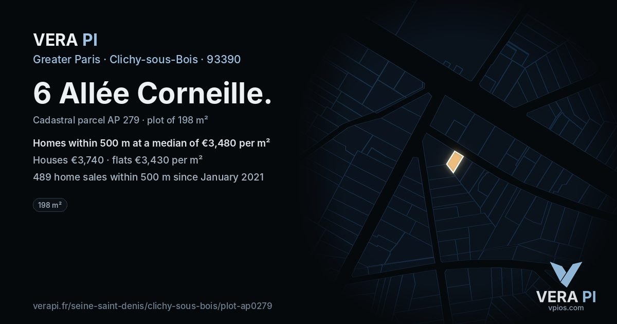 6 Allée Corneille, Clichy-sous-Bois at night – the plot lit, the parcels around coloured by the prices near them