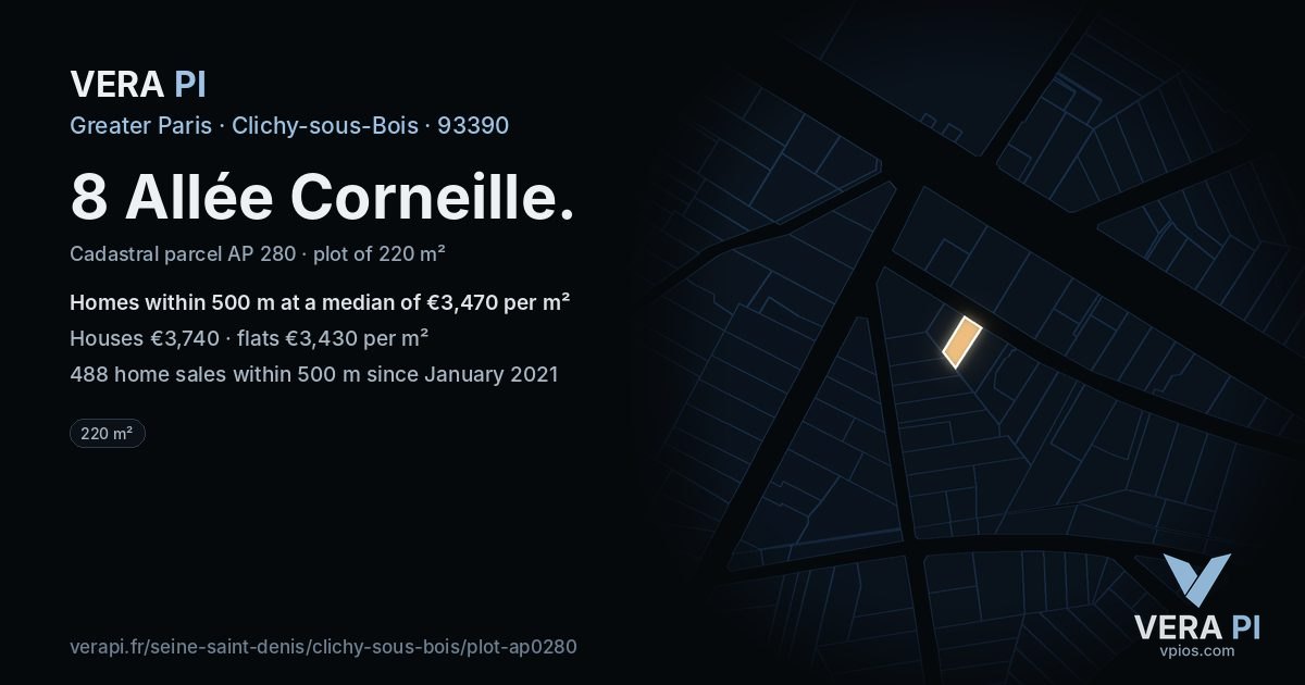 8 Allée Corneille, Clichy-sous-Bois at night – the plot lit, the parcels around coloured by the prices near them
