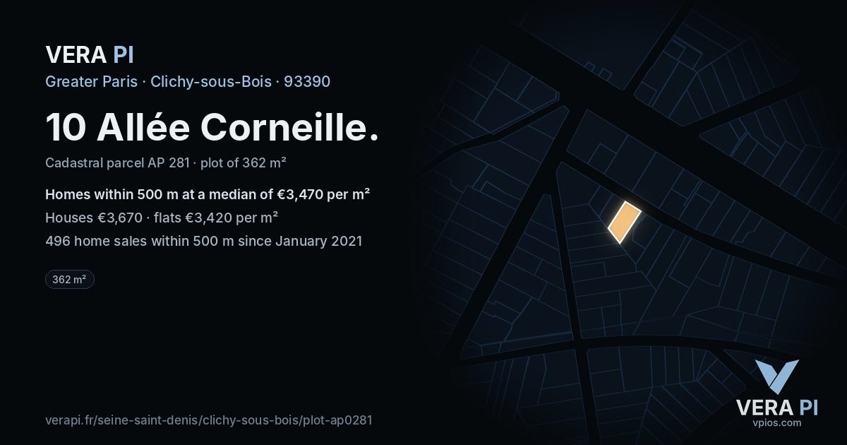 10 Allée Corneille, Clichy-sous-Bois at night – the plot lit, the parcels around coloured by the prices near them
