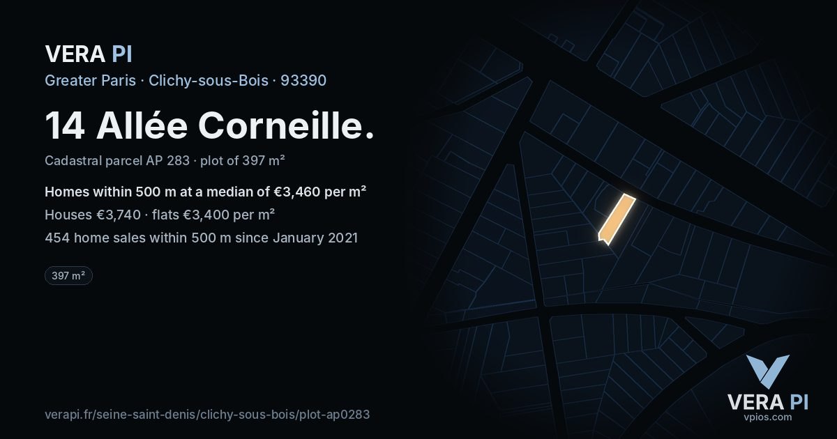 14 Allée Corneille, Clichy-sous-Bois at night – the plot lit, the parcels around coloured by the prices near them