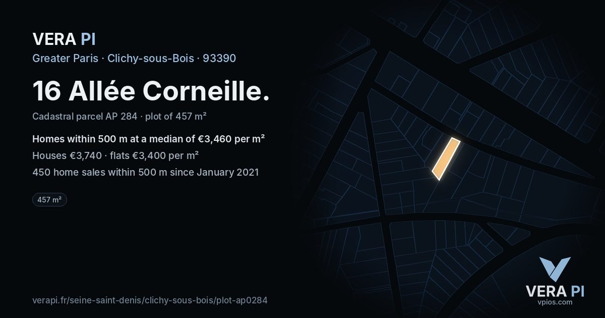 16 Allée Corneille, Clichy-sous-Bois at night – the plot lit, the parcels around coloured by the prices near them