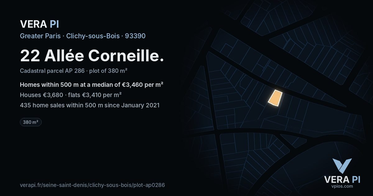22 Allée Corneille, Clichy-sous-Bois at night – the plot lit, the parcels around coloured by the prices near them