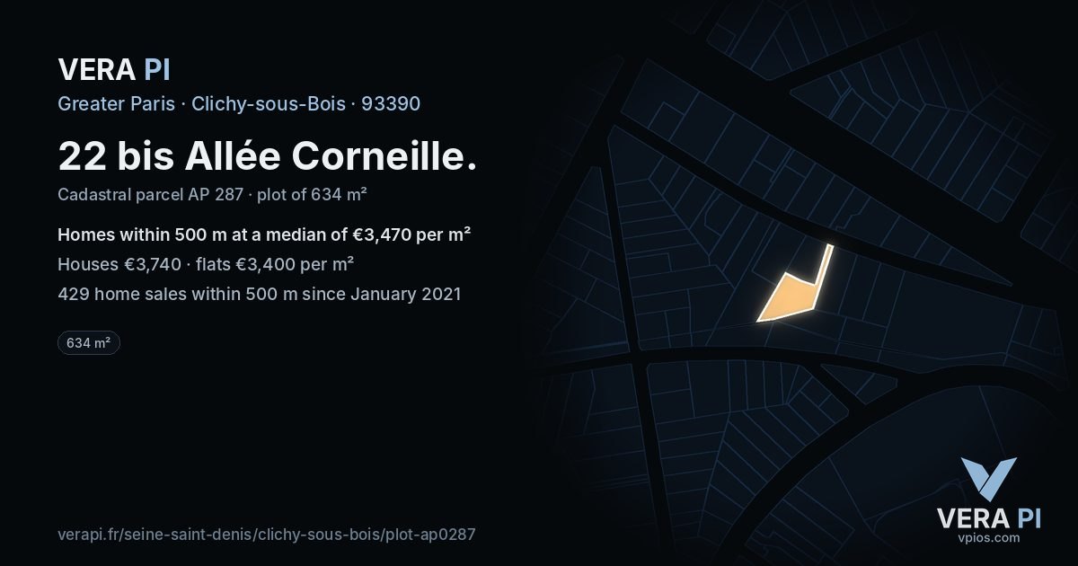 22 bis Allée Corneille, Clichy-sous-Bois at night – the plot lit, the parcels around coloured by the prices near them