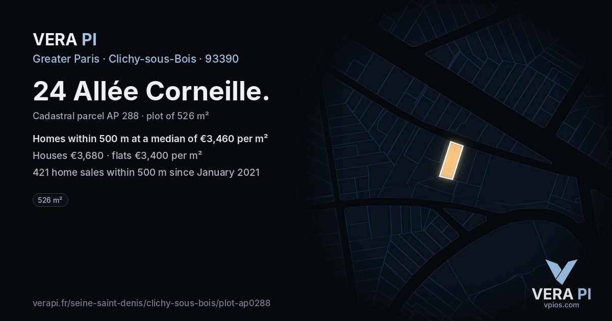 24 Allée Corneille, Clichy-sous-Bois at night – the plot lit, the parcels around coloured by the prices near them