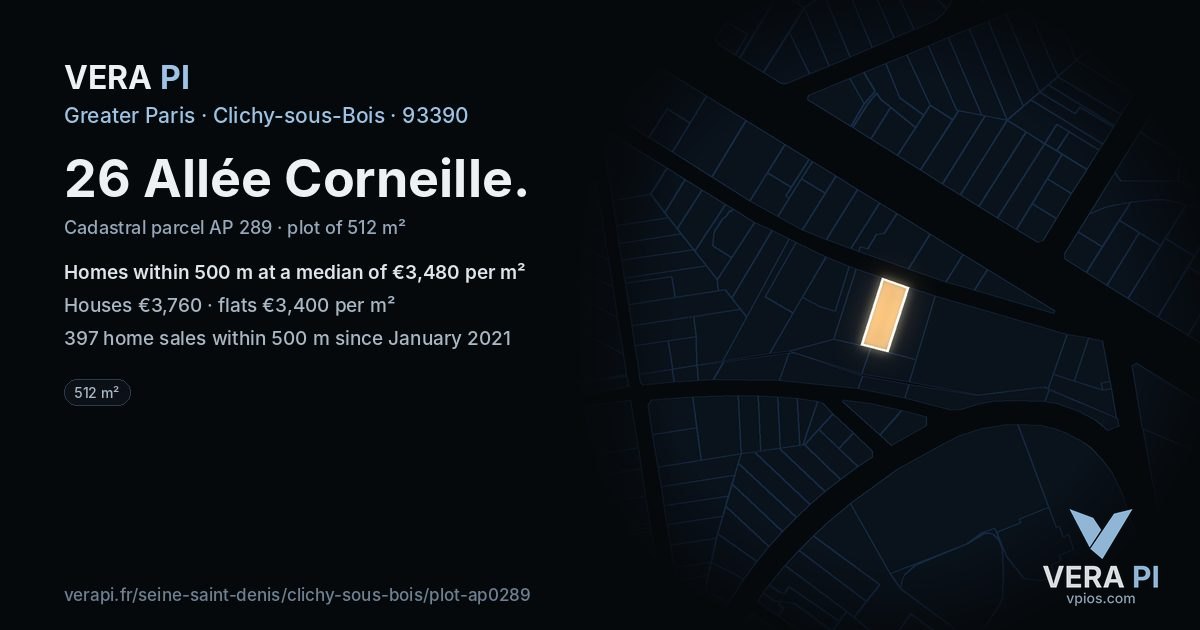 26 Allée Corneille, Clichy-sous-Bois at night – the plot lit, the parcels around coloured by the prices near them
