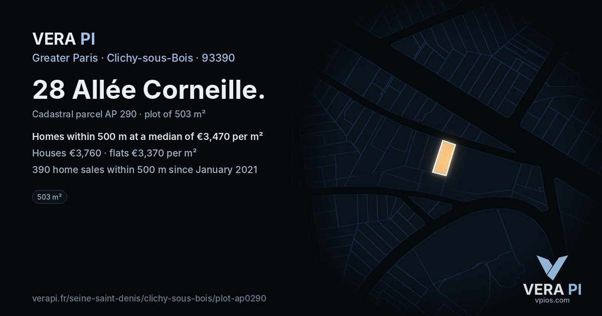 28 Allée Corneille, Clichy-sous-Bois at night – the plot lit, the parcels around coloured by the prices near them