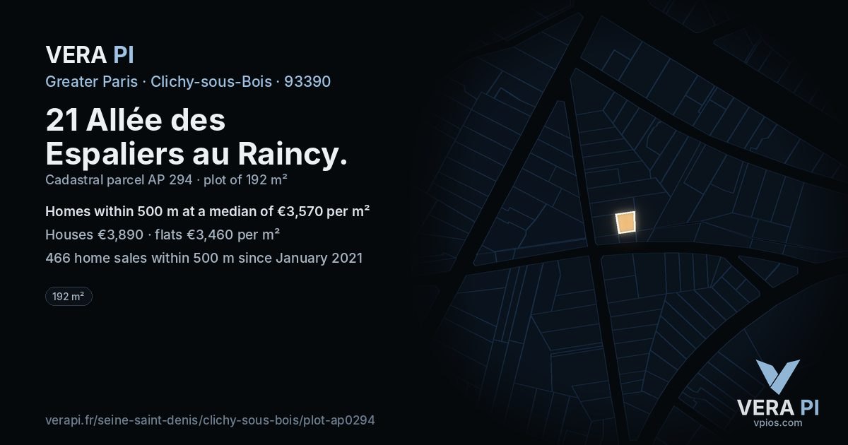 21 Allée des Espaliers au Raincy, Clichy-sous-Bois at night – the plot lit, the parcels around coloured by the prices near them
