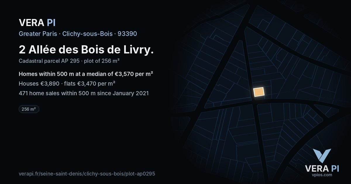 2 Allée des Bois de Livry, Clichy-sous-Bois at night – the plot lit, the parcels around coloured by the prices near them