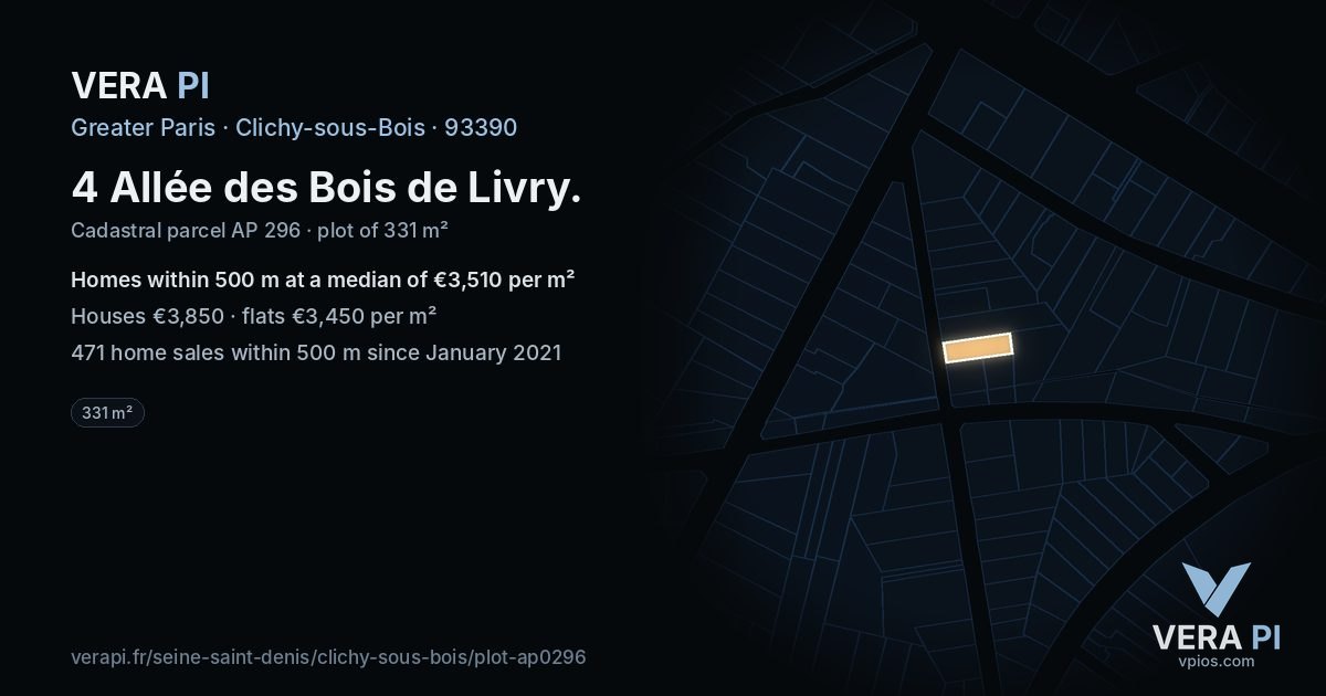 4 Allée des Bois de Livry, Clichy-sous-Bois at night – the plot lit, the parcels around coloured by the prices near them