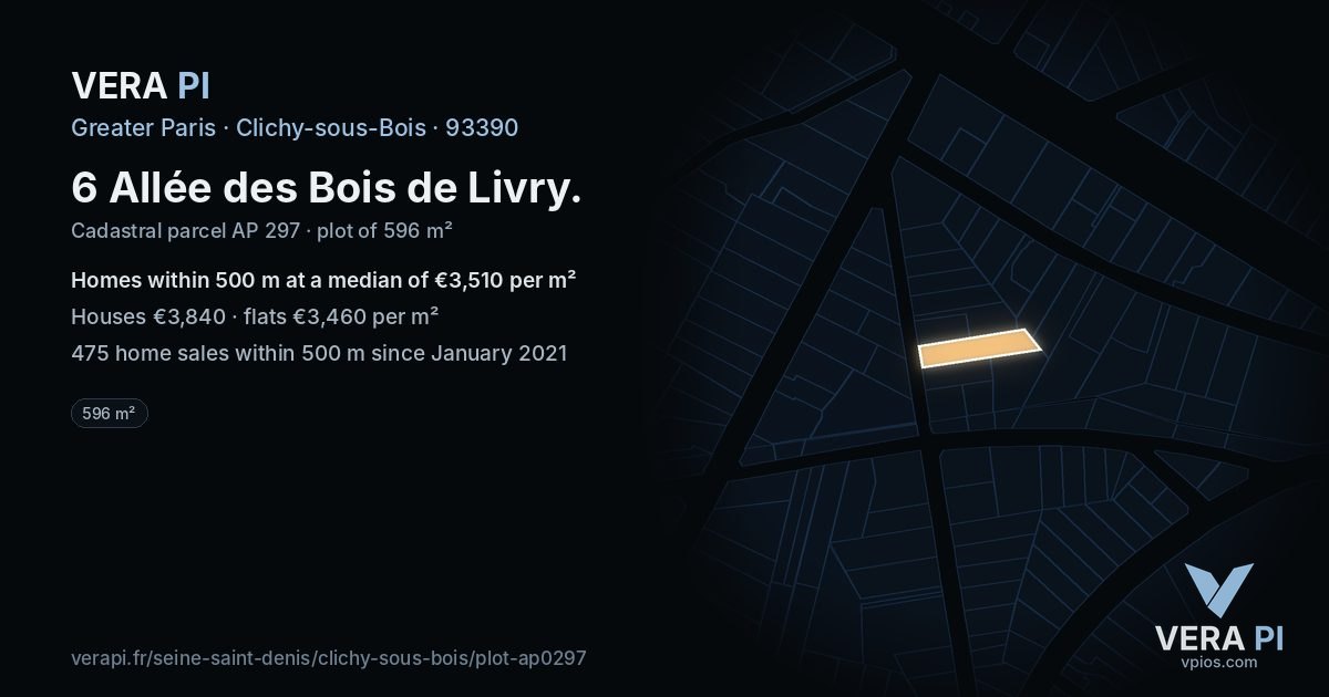 6 Allée des Bois de Livry, Clichy-sous-Bois at night – the plot lit, the parcels around coloured by the prices near them