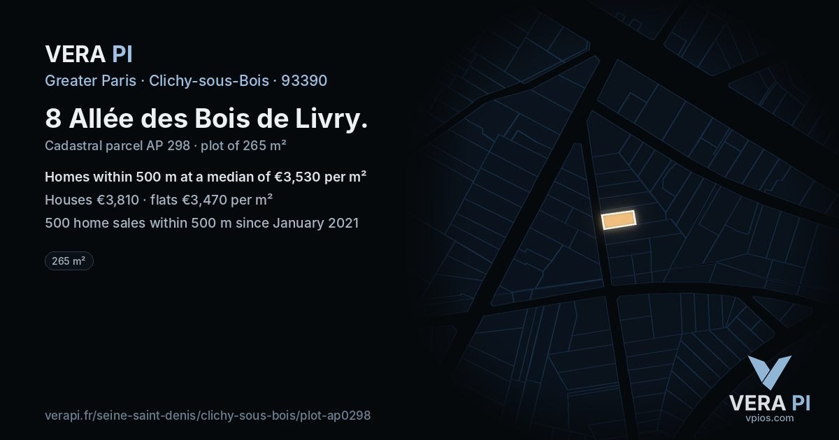 8 Allée des Bois de Livry, Clichy-sous-Bois at night – the plot lit, the parcels around coloured by the prices near them