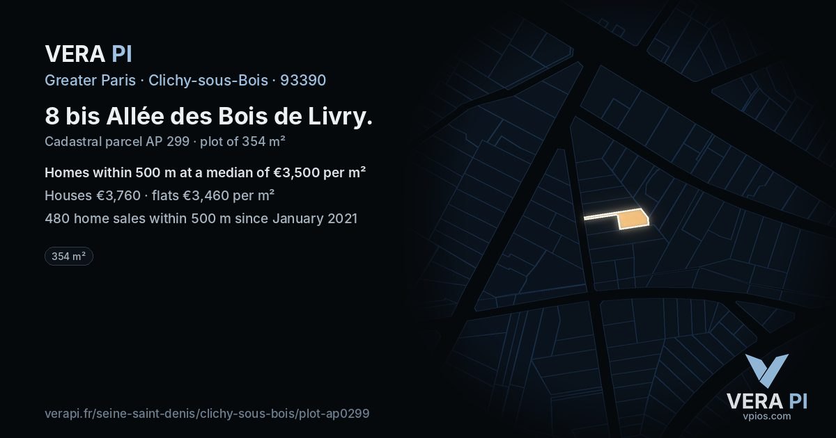 8 bis Allée des Bois de Livry, Clichy-sous-Bois at night – the plot lit, the parcels around coloured by the prices near them