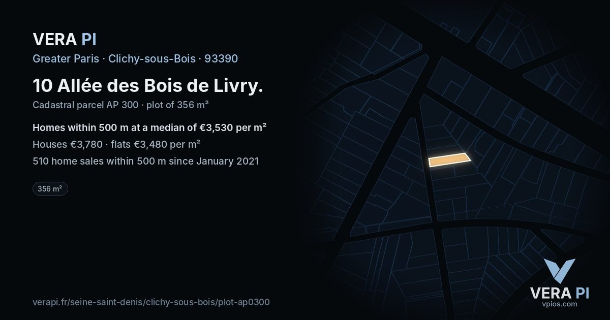 10 Allée des Bois de Livry, Clichy-sous-Bois at night – the plot lit, the parcels around coloured by the prices near them