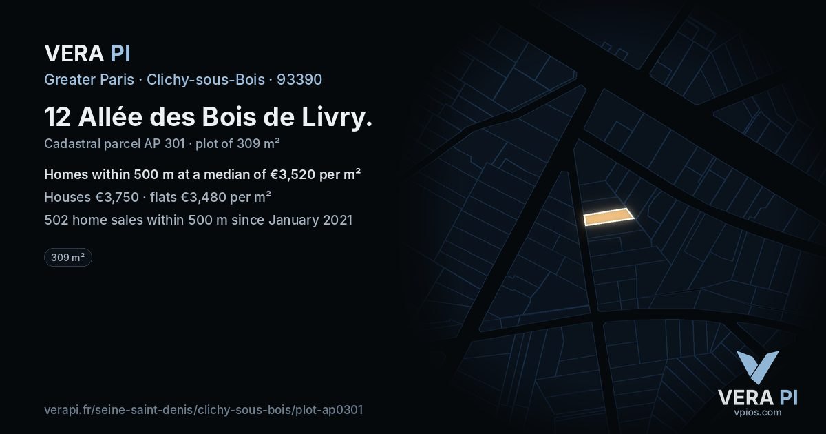 12 Allée des Bois de Livry, Clichy-sous-Bois at night – the plot lit, the parcels around coloured by the prices near them